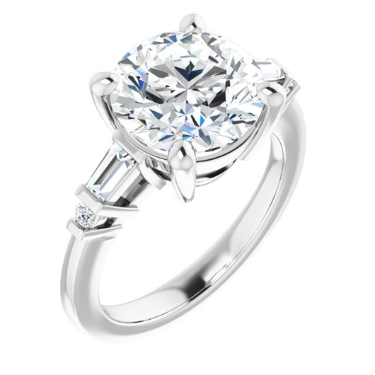 10K White Gold Customizable 5-stone Baguette+Round-Accented Round Cut Design)