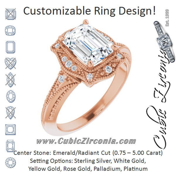 Cubic Zirconia Engagement Ring- The Ashton (Customizable Vintage Emerald Cut Design with Beaded Milgrain and Starburst Semi-Halo)