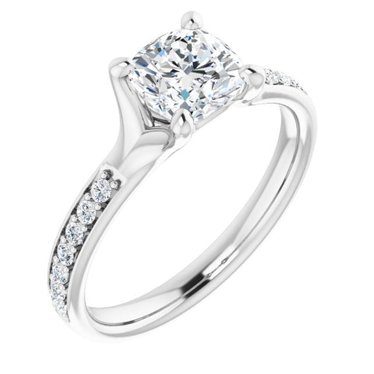 10K White Gold Customizable Heavy Prong-Set Cushion Cut Style with Round Cut Band Accents