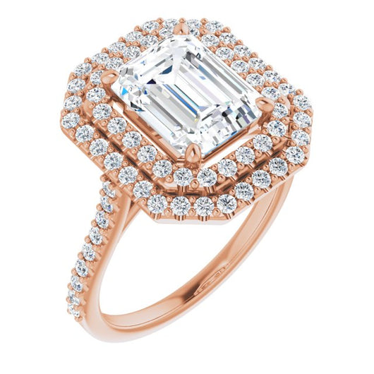 10K Rose Gold Customizable Double-Halo Emerald/Radiant Cut Design with Accented Split Band