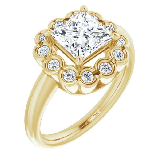 10K Yellow Gold Customizable 13-stone Princess/Square Cut Design with Floral-Halo Round Bezel Accents