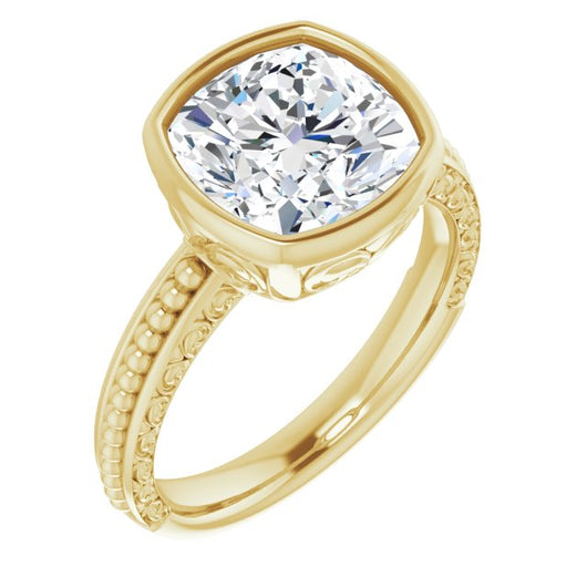 10K Yellow Gold Customizable Bezel-set Cushion Cut Solitaire with Beaded and Carved Three-sided Band