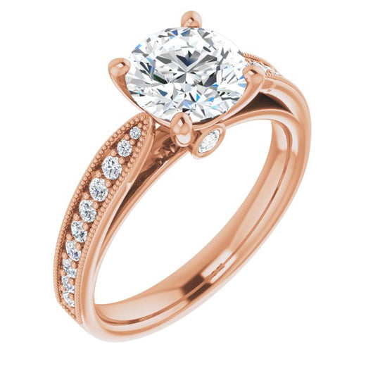 10K Rose Gold Customizable Round Cut Style featuring Milgrained Shared Prong Band & Dual Peekaboos