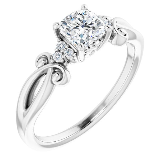 10K White Gold Customizable 7-stone Cushion Cut Design with Tri-Cluster Accents and Teardrop Fleur-de-lis Motif