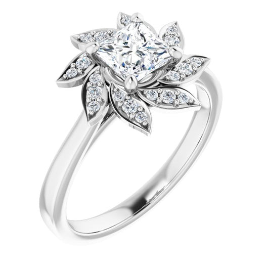 10K White Gold Customizable Princess/Square Cut Design with Artisan Floral Halo