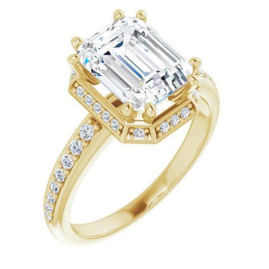 10K Yellow Gold Customizable Emerald/Radiant Cut Design with Geometric Under-Halo and Shared Prong Band