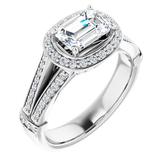 10K White Gold Customizable Emerald/Radiant Cut Setting with Halo, Under-Halo Trellis Accents and Accented Split Band