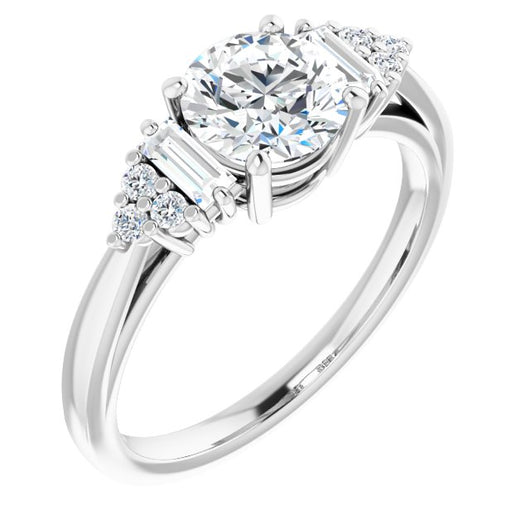 10K White Gold Customizable 9-stone Design with Round Cut Center, Side Baguettes and Tri-Cluster Round Accents