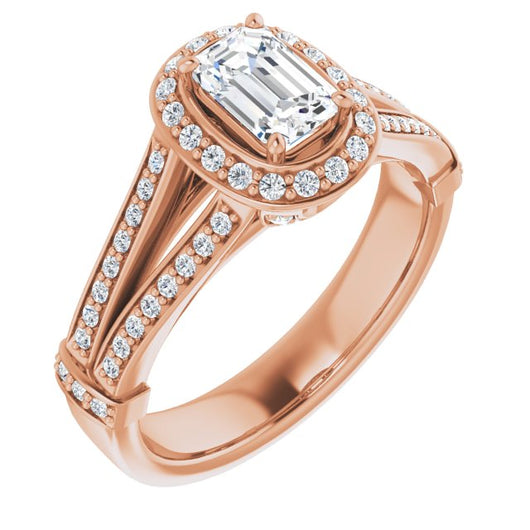 10K Rose Gold Customizable Emerald/Radiant Cut Setting with Halo, Under-Halo Trellis Accents and Accented Split Band