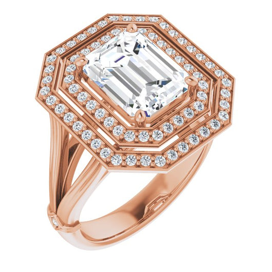 10K Rose Gold Customizable Cathedral-set Emerald/Radiant Cut Design with Double Halo, Wide Split Band and Side Knuckle Accents