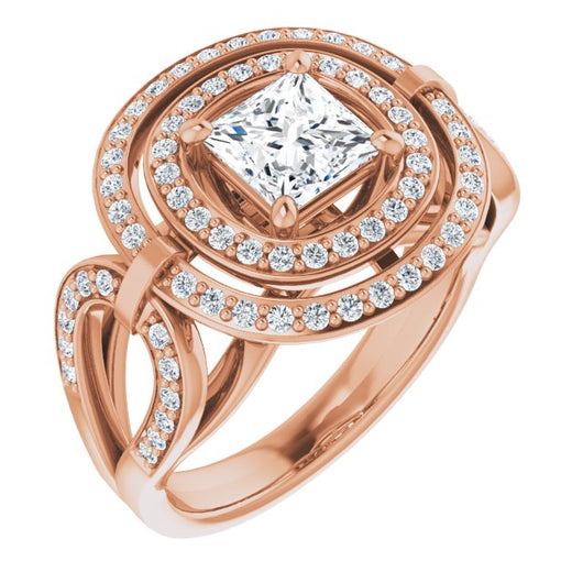 10K Rose Gold Customizable Cathedral-set Princess/Square Cut Design with Double Halo & Accented Ultra-wide Horseshoe-inspired Split Band