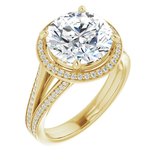 10K Yellow Gold Customizable Round Cut Design with Split-Band Shared Prong & Halo