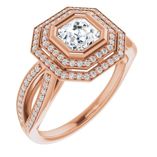 10K Rose Gold Customizable Bezel-set Asscher Cut Style with Double Halo and Split Shared Prong Band