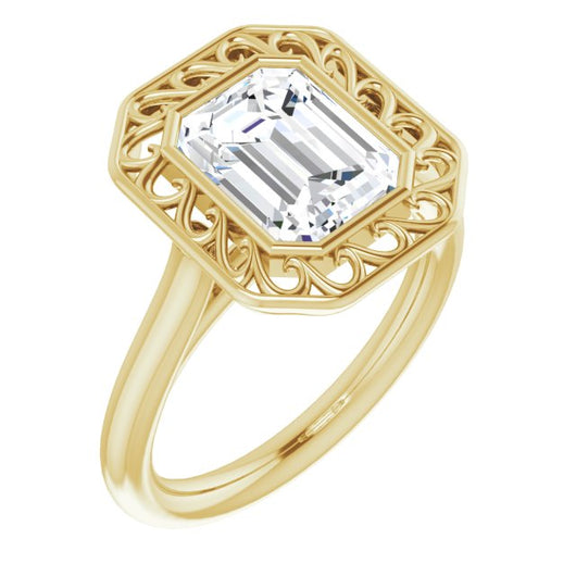 10K Yellow Gold Customizable Cathedral-Bezel Style Emerald/Radiant Cut Solitaire with Flowery Filigree