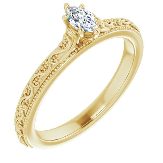 10K Yellow Gold Customizable Marquise Cut Solitaire with Delicate Milgrain Filigree Band