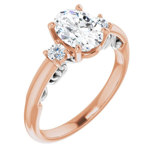 14K Rose & White Gold Customizable Oval Cut 3-stone Style featuring Heart-Motif Band Enhancement