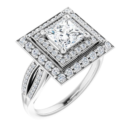 10K White Gold Customizable Cathedral-style Princess/Square Cut Design with Double Halo & Split-Pavé Band