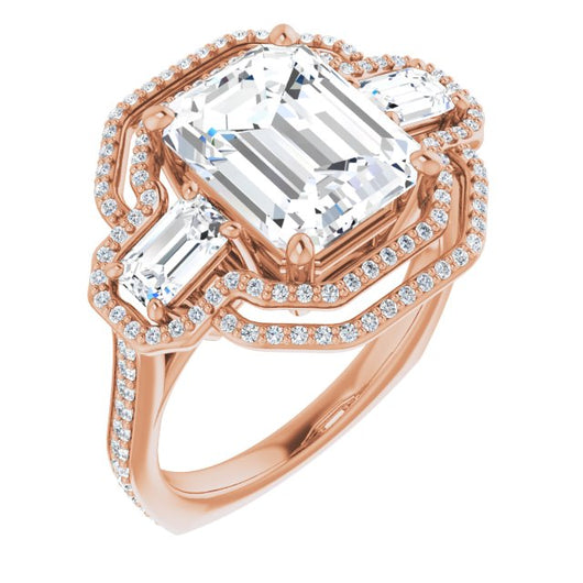 10K Rose Gold Customizable Enhanced 3-stone Style with Emerald/Radiant Cut Center, Emerald Cut Accents, Double Halo and Thin Shared Prong Band