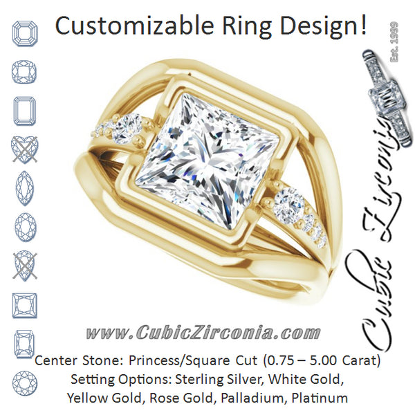 Cubic Zirconia Engagement Ring- The Naira (Customizable 9-stone Princess/Square Cut Design with Bezel Center, Wide Band and Round Prong Side Stones)