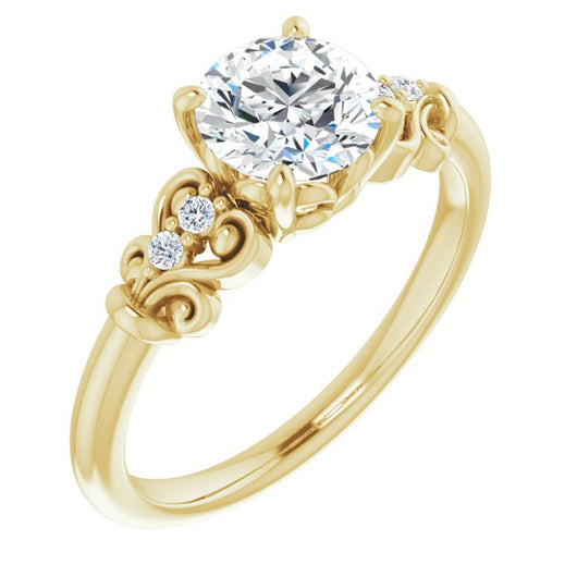 10K Yellow Gold Customizable Vintage 5-stone Design with Round Cut Center and Artistic Band Décor