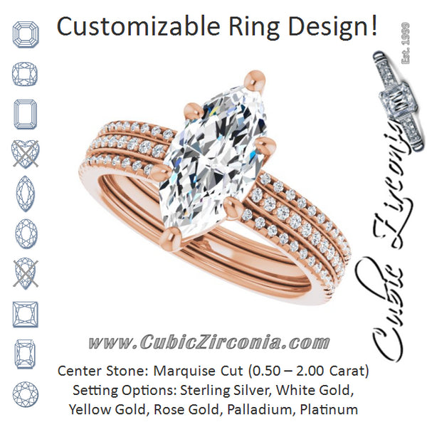 Cubic Zirconia Engagement Ring- The Isidora (Customizable Marquise Cut Center with Wide Pavé Accented Band)