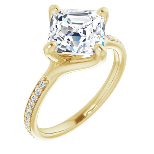 10K Yellow Gold Customizable Asscher Cut Design featuring Thin Band and Shared-Prong Round Accents