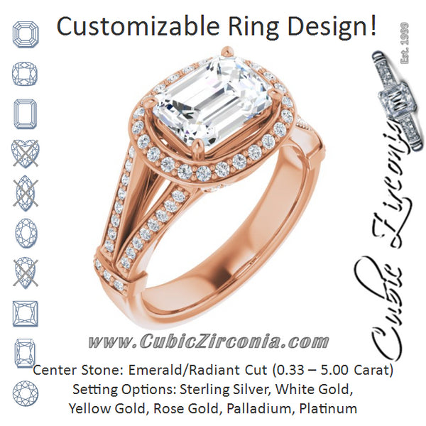 Cubic Zirconia Engagement Ring- The Cecelia (Customizable Emerald Cut Horizontal Setting with Halo, Under-Halo Trellis Accents and Accented Split Band)