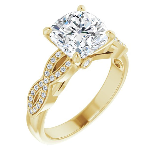 10K Yellow Gold Customizable Cushion Cut Design featuring Infinity Pavé Band and Round-Bezel Peekaboos