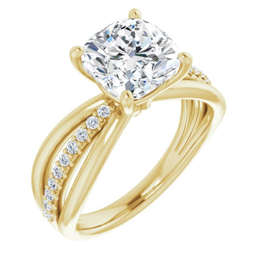 10K Yellow Gold Customizable Cushion Cut Design with Tri-Split Accented Band