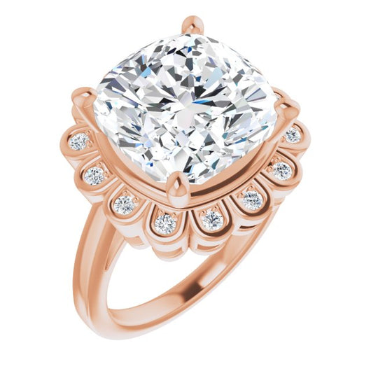 10K Rose Gold Customizable 9-stone Cushion Cut Design with Round Bezel Side Stones