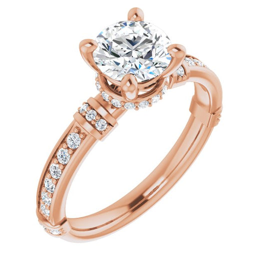 10K Rose Gold Customizable Round Cut Style featuring Under-Halo, Shared Prong and Quad Horizontal Band Accents