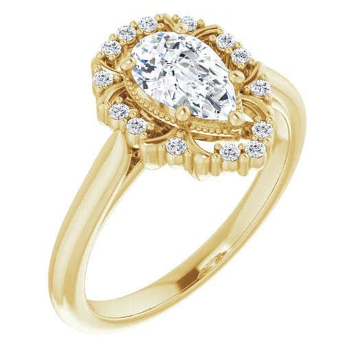 10K Yellow Gold Customizable Pear Cut Design with Majestic Crown Halo and Raised Illusion Setting