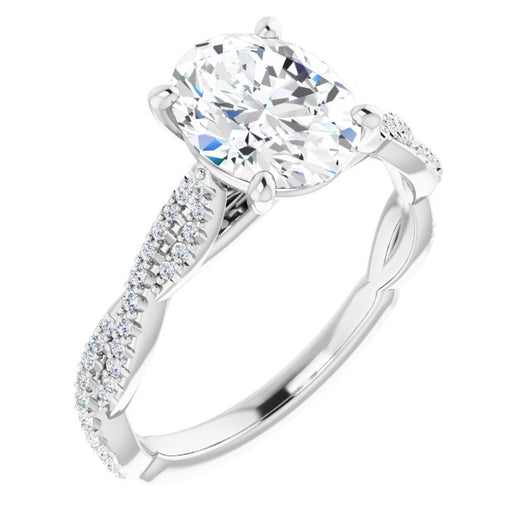 10K White Gold Customizable Oval Cut Style with Thin and Twisted Micropavé Band