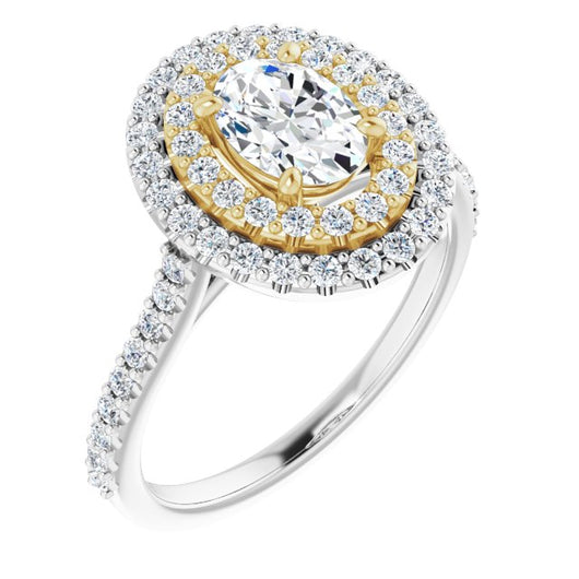 14K White & Yellow Gold Customizable Double-Halo Oval Cut Design with Accented Split Band