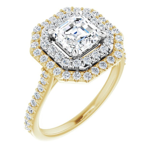 14K Yellow & White Gold Customizable Double-Halo Asscher Cut Design with Accented Split Band