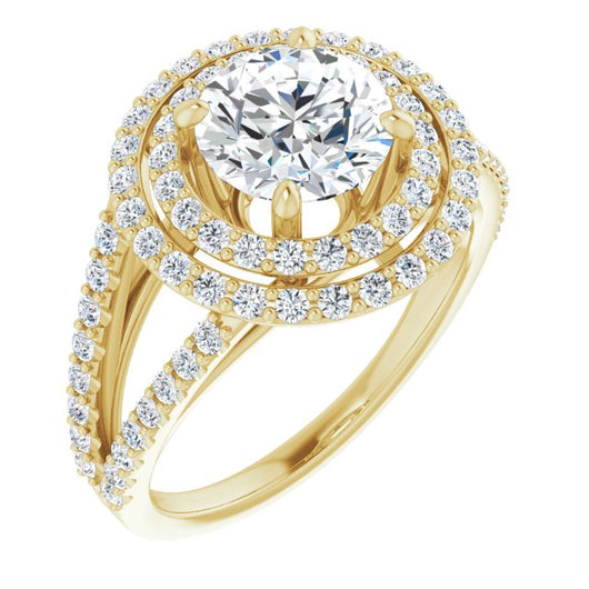 10K Yellow Gold Customizable Round Cut Design with Double Halo and Wide Split-Pavé Band