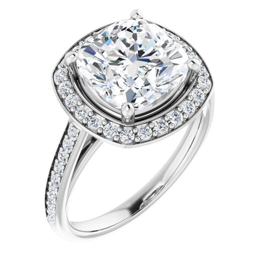 10K White Gold Customizable Cathedral-raised Cushion Cut Halo-and-Accented Band Design