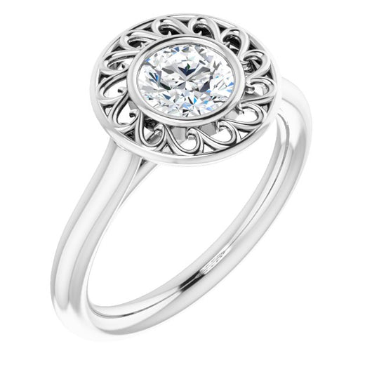 10K White Gold Customizable Cathedral-Bezel Style Round Cut Solitaire with Flowery Filigree