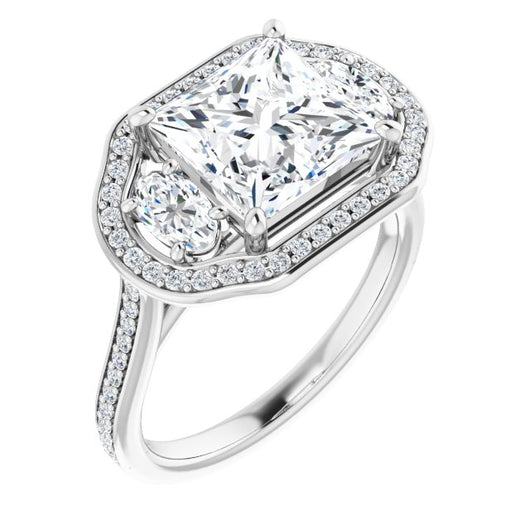 10K White Gold Customizable Princess/Square Cut Style with Oval Cut Accents, 3-stone Halo & Thin Shared Prong Band