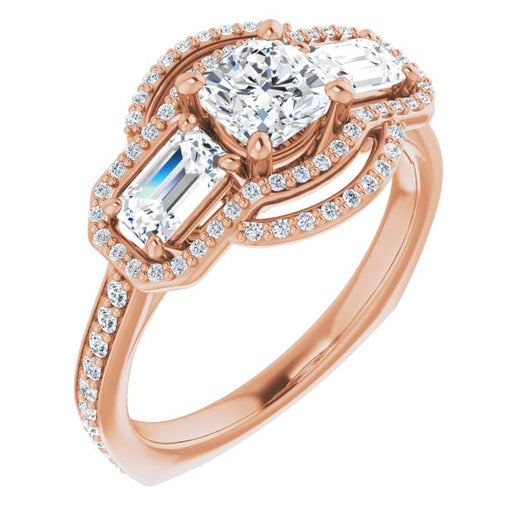 10K Rose Gold Customizable Enhanced 3-stone Style with Cushion Cut Center, Emerald Cut Accents, Double Halo and Thin Shared Prong Band