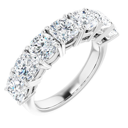 10K White Gold Customizable 7-stone Cushion Cut Design with Large Round-Prong Side Stones