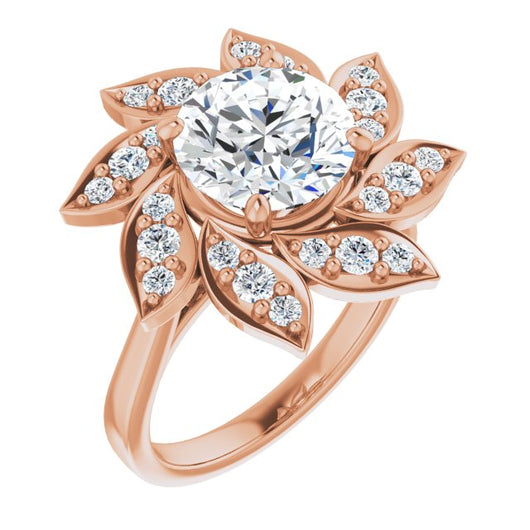 10K Rose Gold Customizable Round Cut Design with Artisan Floral Halo