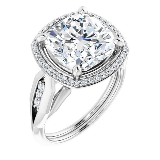 10K White Gold Customizable Cathedral-raised Cushion Cut Design with Halo and Tri-Cluster Band Accents