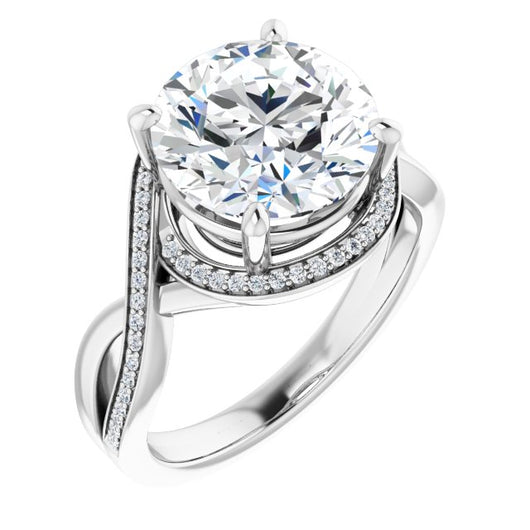 10K White Gold Customizable Bypass-Halo-Accented Round Cut Center with Twisting Split Shared Prong Band