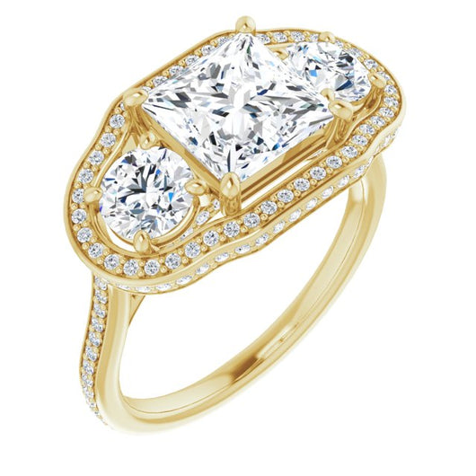 10K Yellow Gold Customizable 3-stone Princess/Square Cut Design with Multi-Halo Enhancement and 150+-stone Pavé Band