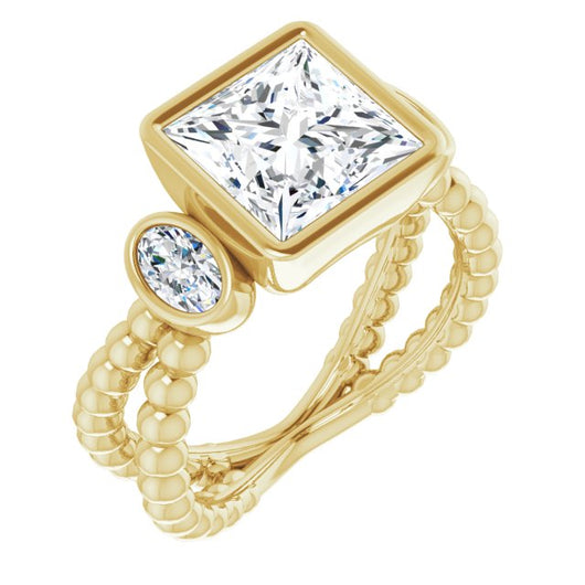 10K Yellow Gold Customizable 3-stone Princess/Square Cut Design with 2 Oval Cut Side Stones and Wide, Bubble-Bead Split-Band