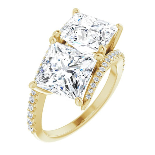 10K Yellow Gold Customizable Double Princess/Square Cut 2-stone Design with Ultra-thin Bypass Band and Pavé Enhancement