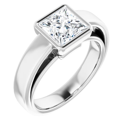 10K White Gold Customizable Cathedral-Bezel Princess/Square Cut Solitaire with Wide Band