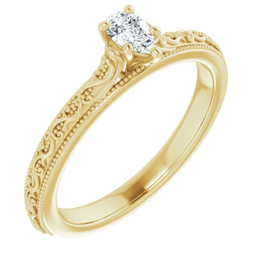 10K Yellow Gold Customizable Pear Cut Solitaire with Delicate Milgrain Filigree Band