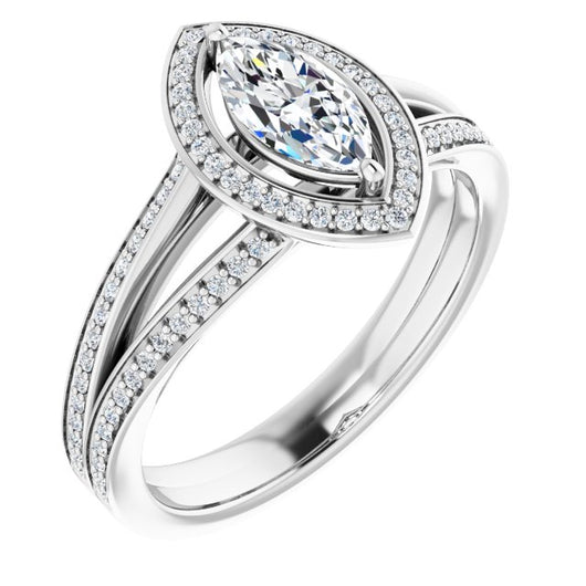 10K White Gold Customizable Marquise Cut Design with Split-Band Shared Prong & Halo